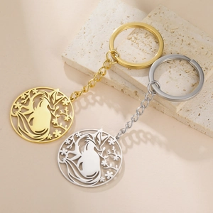 Hollow phoenix and flower pattern 304 stainless steel keychains in gold and silver finish