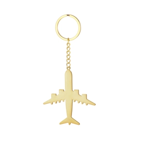 Polished golden stainless steel airplane keychain with aircraft pendant and durable chain