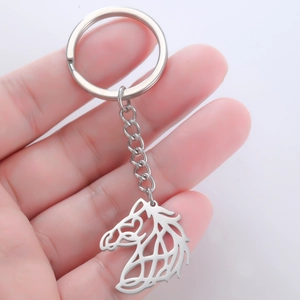 Close-up of a silver horse head cutout keychain made of durable 304 stainless steel