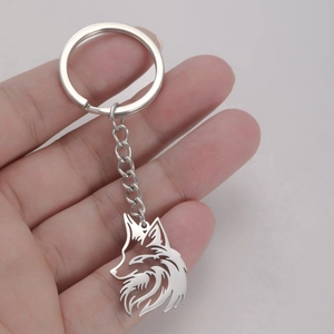 Detailed view of silver wolf head keychain made of 304 stainless steel in hand
