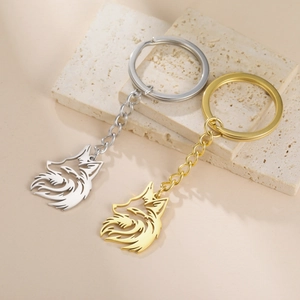 Detailed view of silver and gold 304 stainless steel wolf head keychains on stone