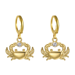 Golden crab charm hoop earrings with white zircon accents for a summer beach look