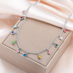 Stainless steel necklace featuring vibrant multicolored round zircon gemstone charms