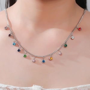 Silver stainless steel necklace with multi-colored round zircon gemstones for women