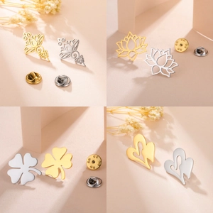 304 Stainless Steel Brooch Minimalist Hollow Lotus Four Leaf Clover Heart Shape Lapel Pin Gold Silver Plated Jewelry Accessory
