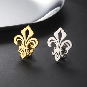 Polished stainless steel fleur-de-lis brooch pins in gold and silver finish set