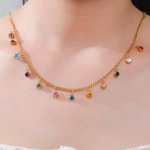 Golden stainless steel choker necklace featuring multi-color round zircon pendants for women