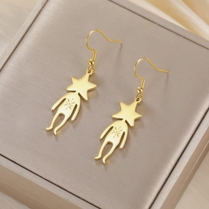 Golden stainless steel drop earrings featuring unique double-sided planet alien pendants