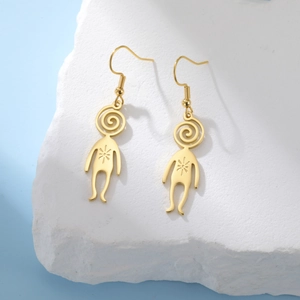 Golden stainless steel alien planet pendant earrings with abstract spiral design for women