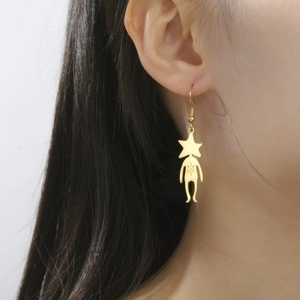 Macro shot of gold planet character earring with radial sun pattern on ear