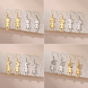 Quirky 304 Stainless Steel Humanoid Drop Earrings For Women Star Moon Planet Swirl Pattern Electroplated Gold Silver Dangle Earrings Jewelry