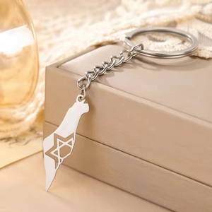 Porte-clés carte d'Israël en acier inoxydable poli avec étoile de David sur fond beige
