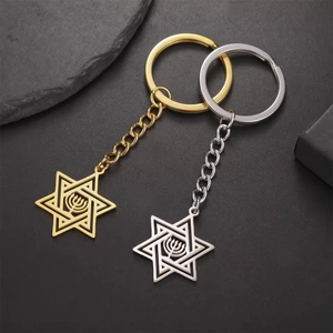 Lot de porte-clés Étoile de David en acier inoxydable avec gravure Ménorah en or et argent