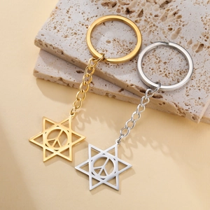 Porte-clés en acier inoxydable avec étoile de David et signe de paix en or et argent