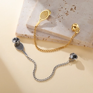 Golden and silver stainless steel tennis racket chain brooches on stone decor