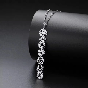 Silver 7 Chakra symbols cutout vertical pendant necklace on minimalist thin chain