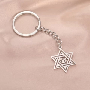 Détail du porte-clés Étoile de David en argent avec Menorah sur fond de soie rose
