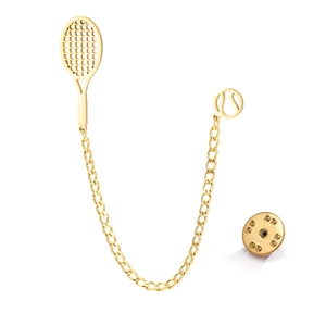 Golden tennis racket and ball brooch pin with chain crafted in 304 stainless steel
