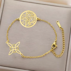 Vintage gold stainless steel chain bracelet with mystical star charms and lobster clasp