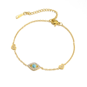 Gold stainless steel evil eye bracelet with blue center stone and sparkling heart charms