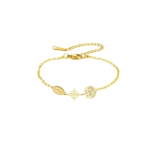 Detail of gold stainless steel bracelet with religious Virgin Mary and witch knot charms