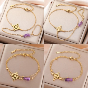 Vintage 304 Stainless Steel Hand Chain Bracelet For Women Purple Amethyst Stone Hollow Witch Knot Jewelry