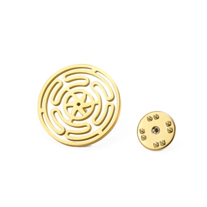 Golden 304 stainless steel archangel hollow brooch with complex geometric spiral pattern