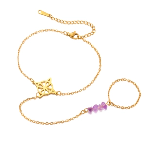 Gold stainless steel hand chain bracelet with Celtic knot and purple crystal beads