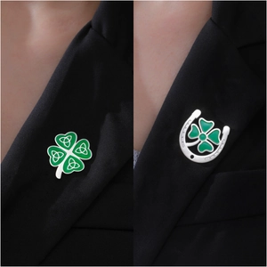 Lucky Four Leaf Clover Brooch Stainless Steel Celtic Knot Horseshoe Lapel Pin Gold Silver Green Enamel Suit Badge For Unisex Gift