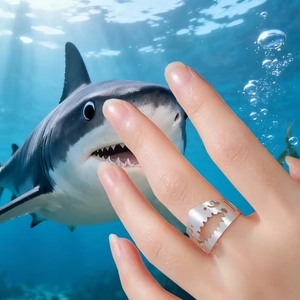 Anillo abierto ajustable diente de tiburón plateado para hombres y mujeres océano