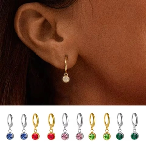 304 Stainless Steel 12 Months Birthstone Huggie Hoop Earrings For Women Minimalist Round Crystal Pendant Earring Jewelry