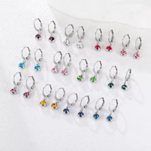 Set of 12 birthstone crystal drop earrings in various colors with silver metal finish