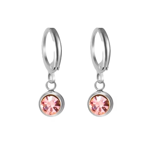 Pink crystal birthstone dangle earrings with silver metal hoops and faceted round pendants