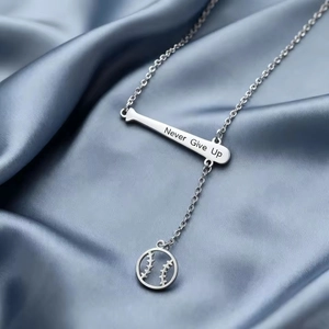 Stainless steel baseball pendant necklace with Never Give Up engraving on blue silk