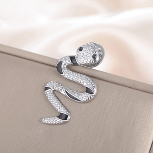 Polished silver snake brooch pin in 304 stainless steel with black enamel scales