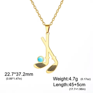 Golden golf club pendant necklace in 304 stainless steel with a blue ball accent
