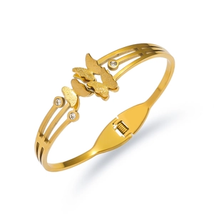 Goldener Schmetterling Edelstahl Armreif mit funkelnden Kristallen und drei Bändern