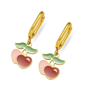 Titanium steel cherry earrings with gold hooks and red pink enamel fruit pendants