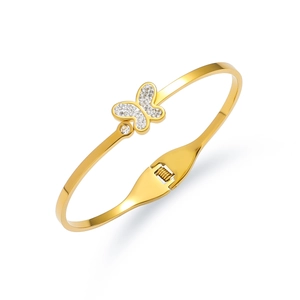 Detailed macro view of the gold butterfly hinge on the polished titanium steel bangle