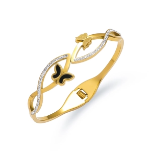 Titanium steel bangle featuring hollow lines with gold frosted and black butterfly motifs