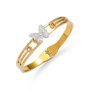Detailed view of golden butterfly bangle with sparkling rhinestones and spring clasp
