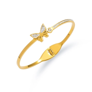 Golden butterfly open bangle with sparkling cubic zirconia and spring hinge closure