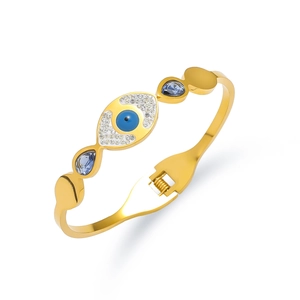 Gouden roestvrijstalen armband met boze oog, kristallen en blauwe edelstenen