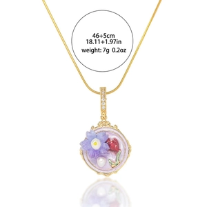 Detail of floral enamel pendant with pearl, purple flowers, and gold chain length info