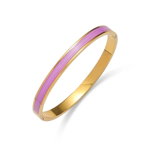 Elegant gold titanium steel bangle with purple enamel inlay and sparkling diamond accents