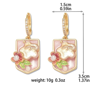 Detaillierte Größentabelle für Blumen-Emaille-Ohrringe mit Süßwasserperlen in Gold und Rosa