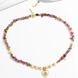 Bohemian colorful tourmaline gravel necklace with heart pendant and freshwater pearls