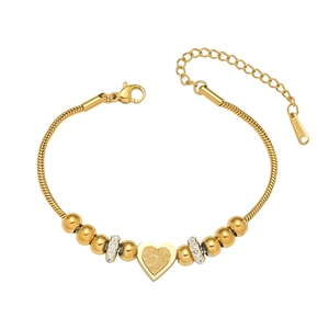 Elegant gold stainless steel heart bracelet with glitter pendant and crystal spacer beads