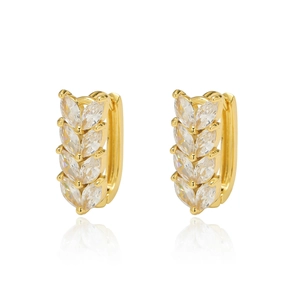 Elegante gouden oorringen met marquise-geslepen zirkoon en bladontwerp op wit