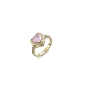 Adjustable golden ring featuring a pink heart-shaped zircon with halo diamond accents